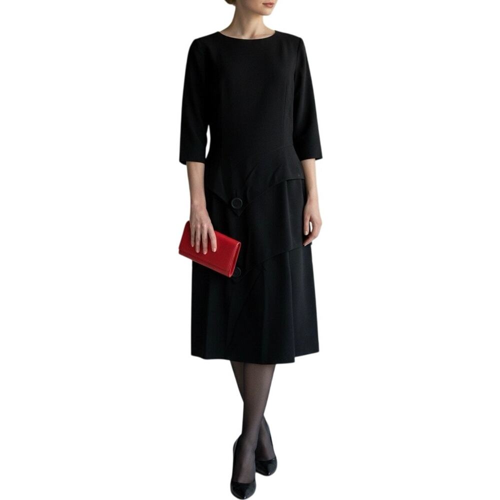 Vintage 60s Black Peplum Midi Dress Bateau Neck 3/4 Sleeve Size 8